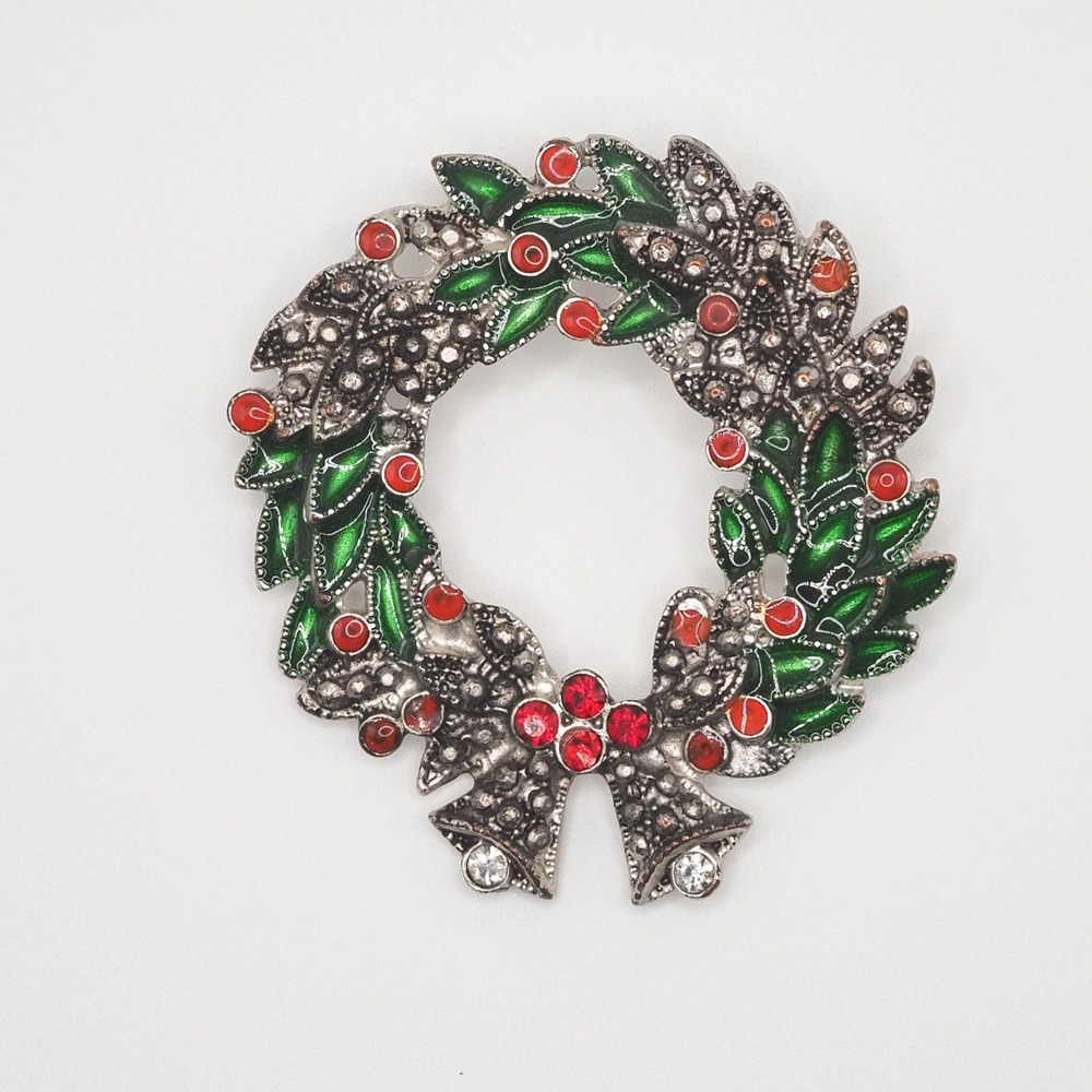 Vintage Brooch Christmas Wreath Holiday Green Red Enamel Marcasite Rhinestone
